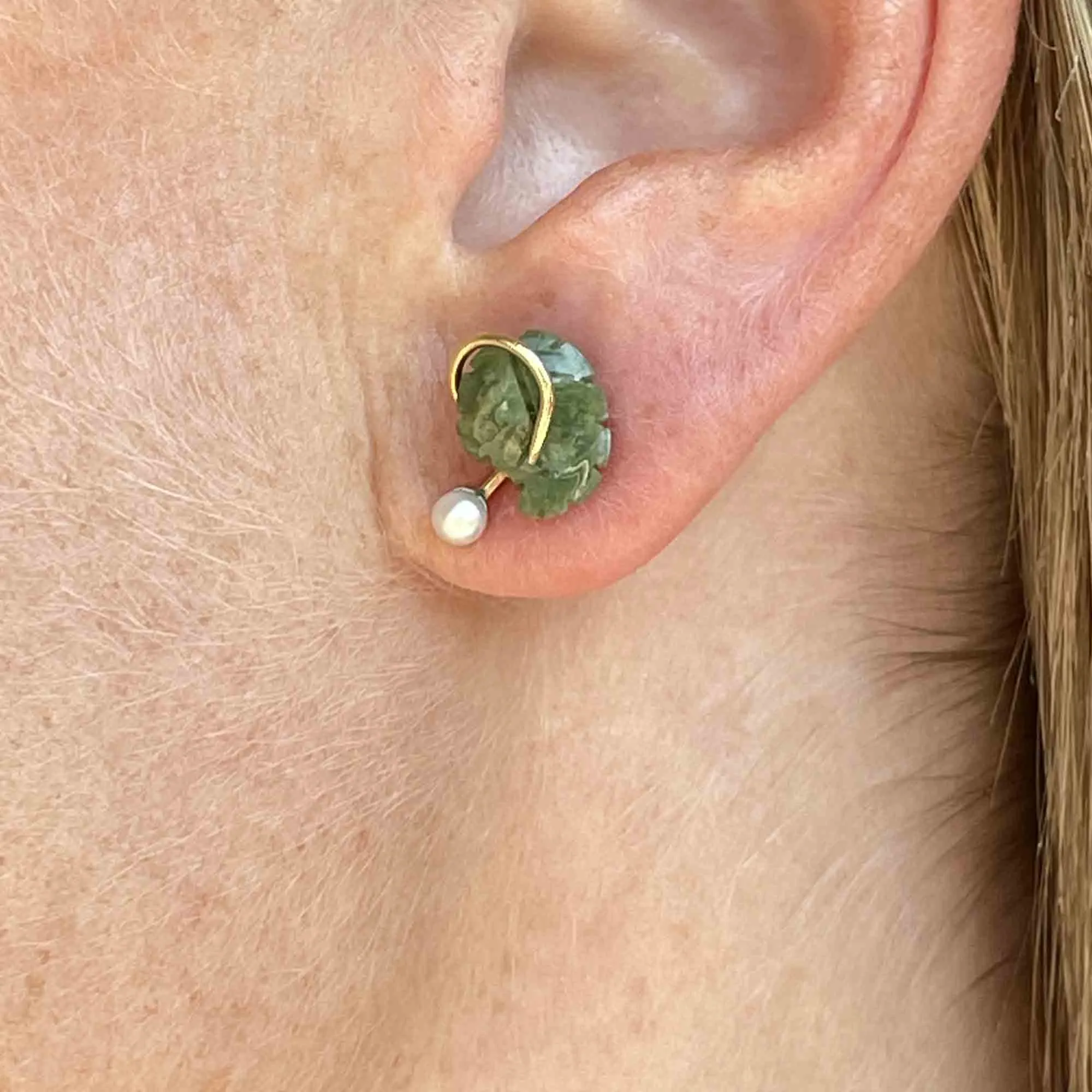 14K Gold Carved Leaf Jade Pearl Stud Earrings