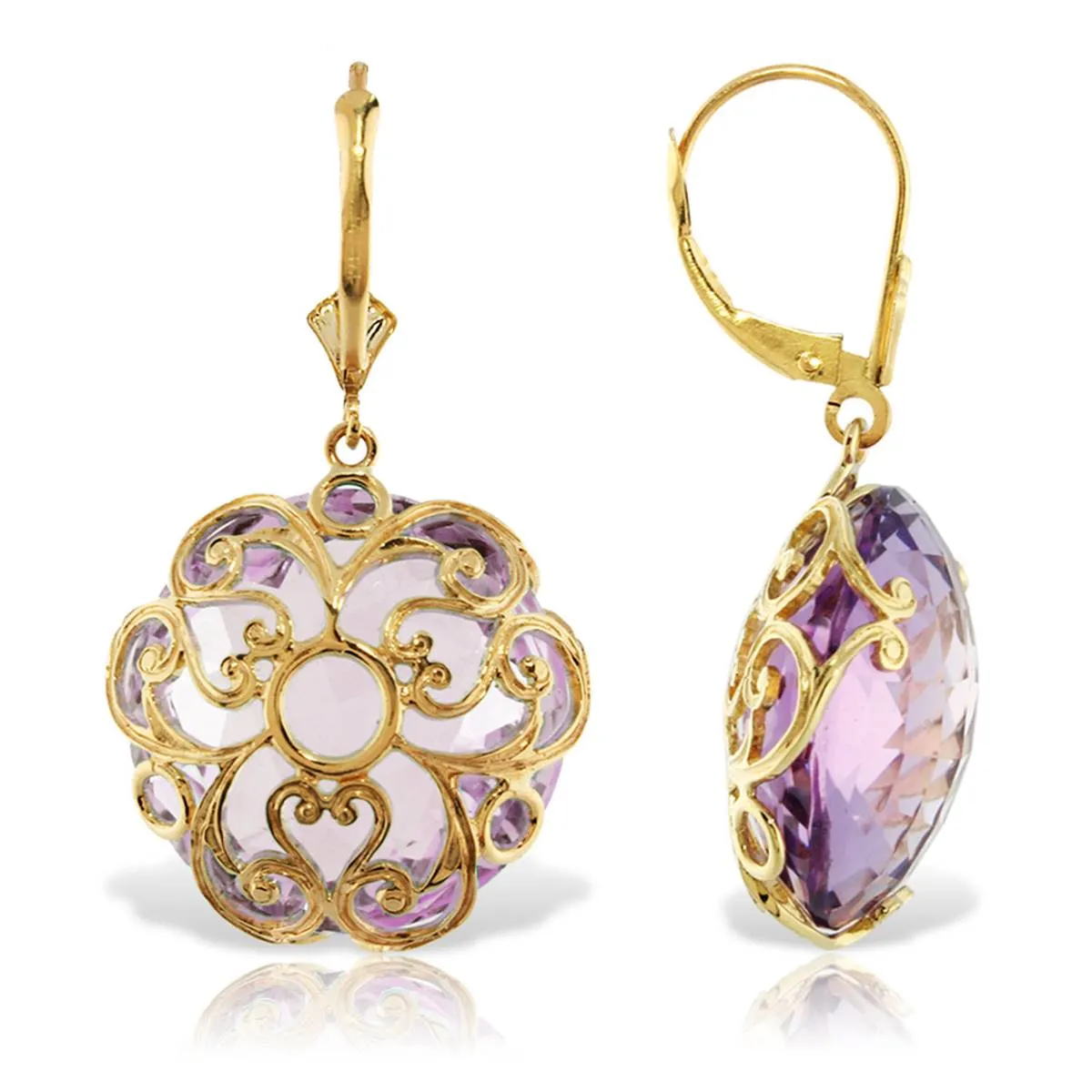 14K Solid Yellow Gold Leverback Round Amethyst Earrings