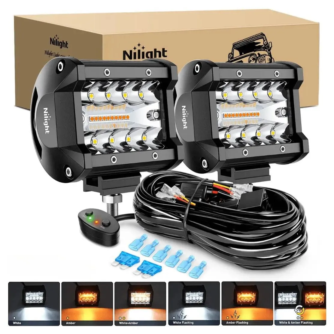 4 Inch 60W Triple Row Amber White Spot Flood LED Pods (Pair) | 16AWG DT Wire