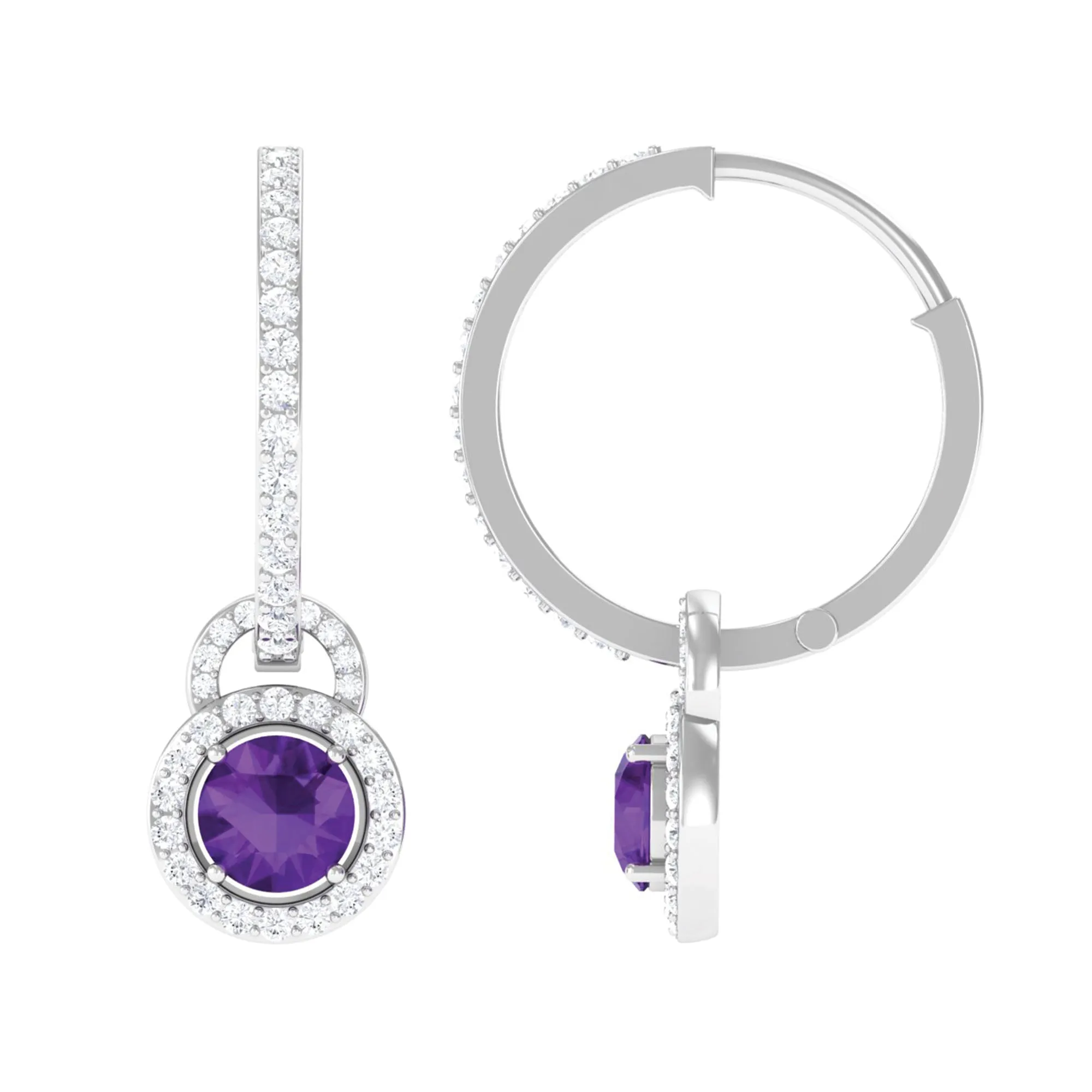 Amethyst Drop Hoop Earrings with Moissanite Halo