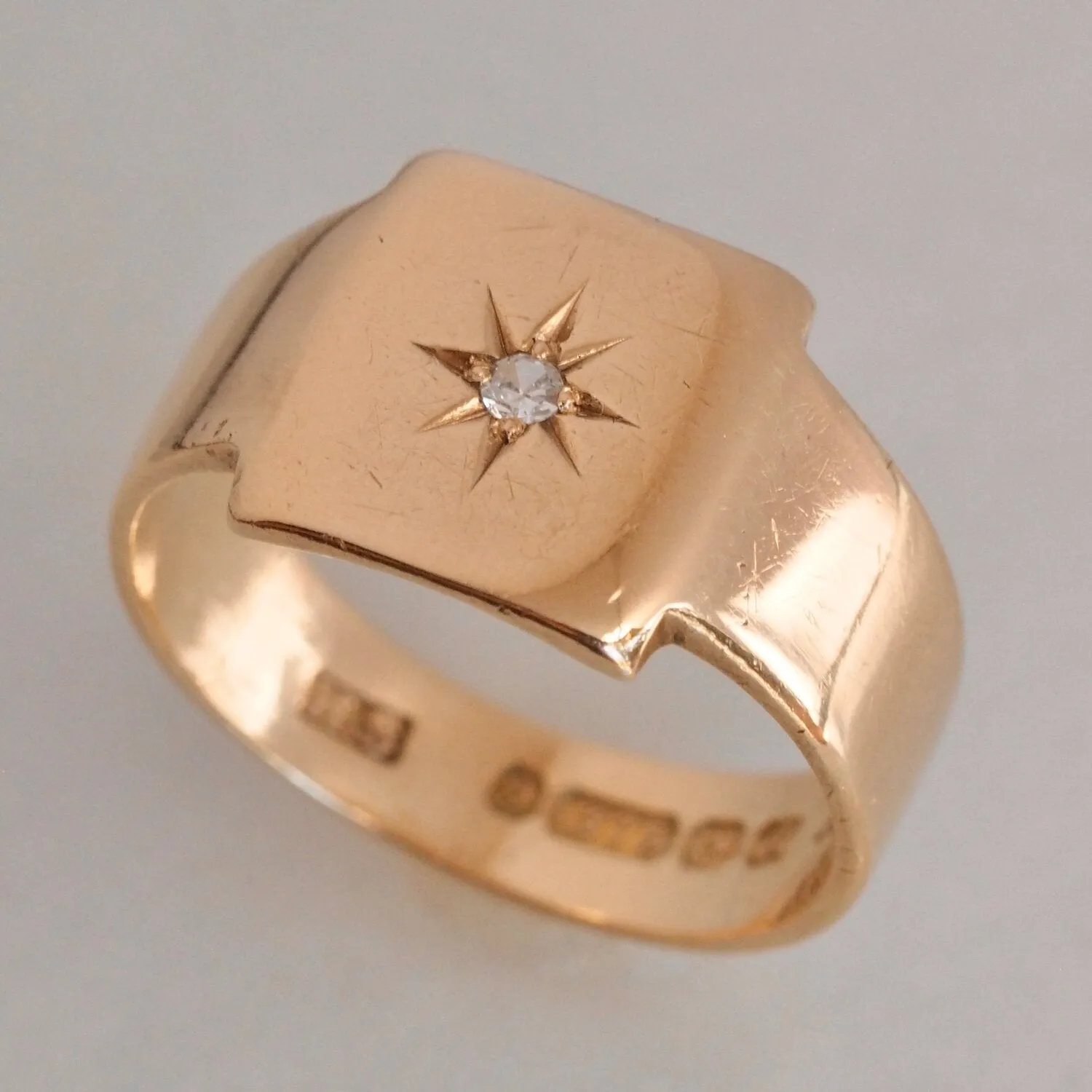 Antique English 9k Gold Square Flush Set Diamond Starburst Ring