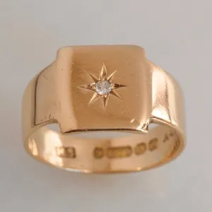 Antique English 9k Gold Square Flush Set Diamond Starburst Ring