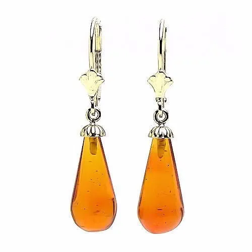 Anya: Natural 16mm Baltic Amber Teardrop Leverback Earrings 14K Yellow Gold