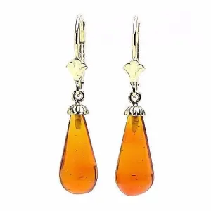 Anya: Natural 16mm Baltic Amber Teardrop Leverback Earrings 14K Yellow Gold
