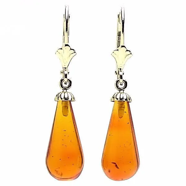 Anya: Natural 16mm Baltic Amber Teardrop Leverback Earrings 14K Yellow Gold