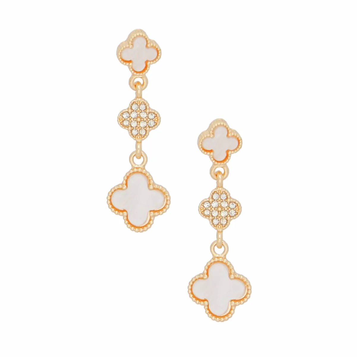 Dangle Gold White Quatrefoil Rhinestone Earrings