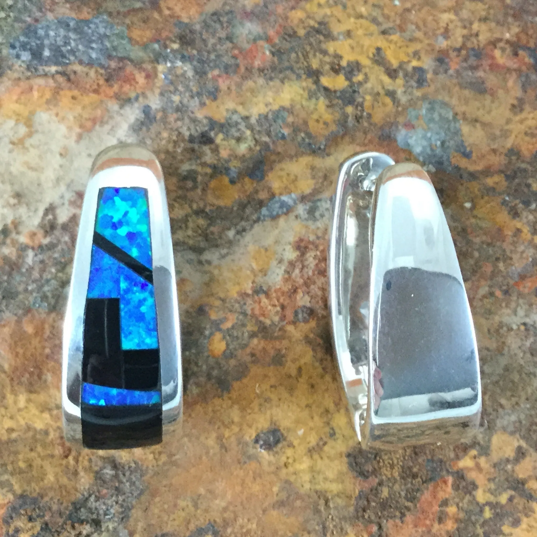 David Rosales Black Beauty Fancy Inlaid Sterling Silver Huggie Earrings