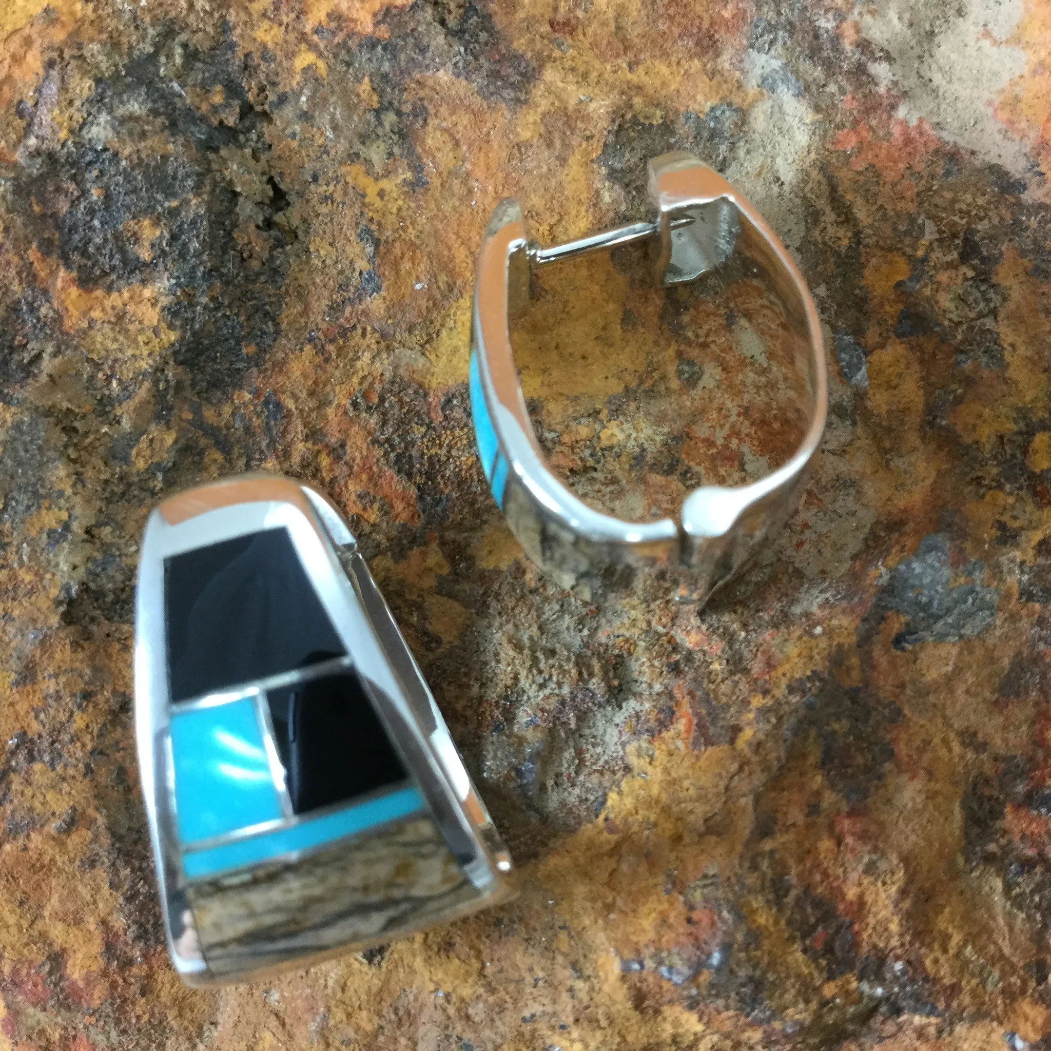 David Rosales Turquoise Creek Inlaid Sterling Silver Huggie Earrings