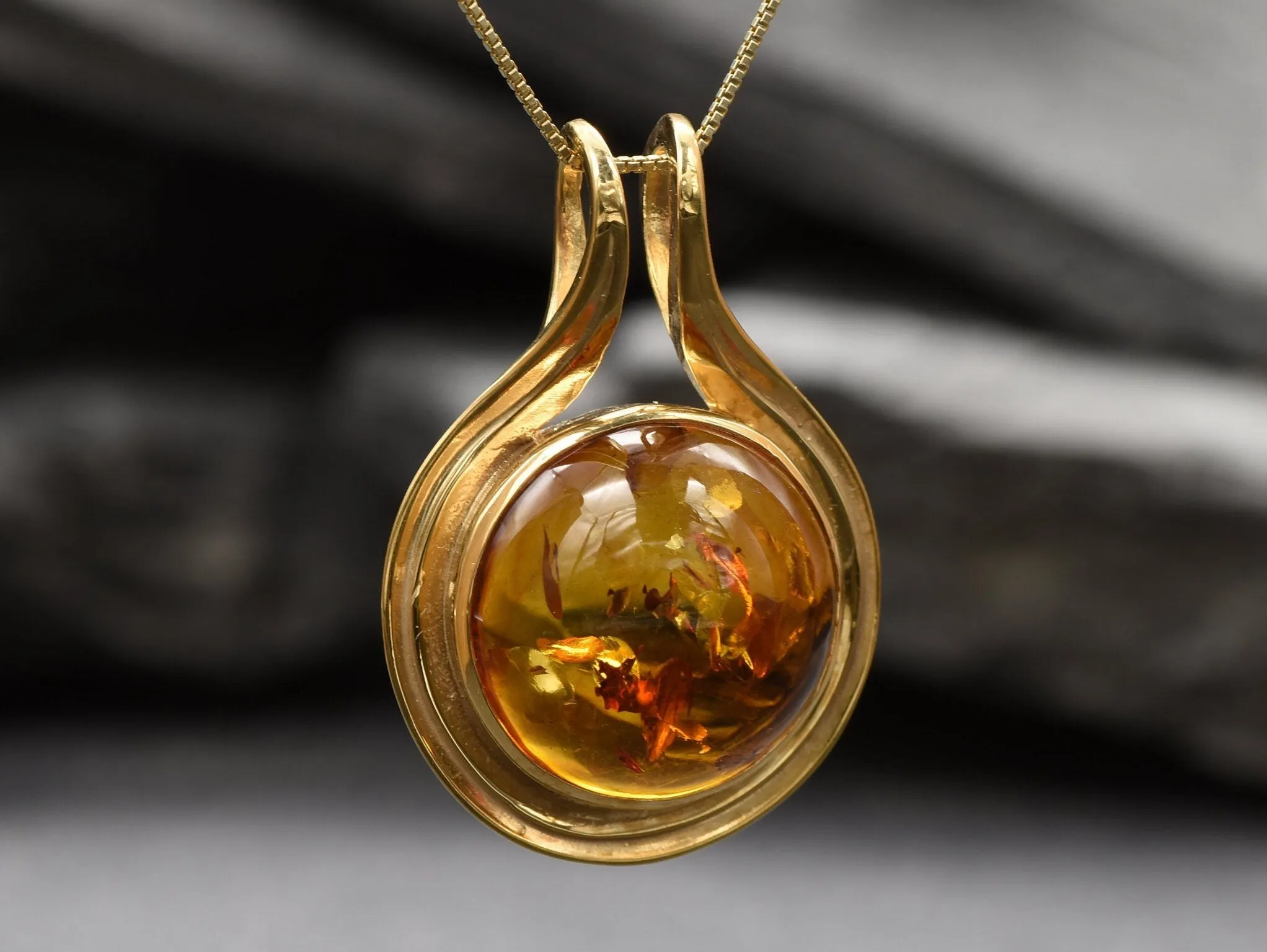 Gold Amber Pendant- Natural Amber Necklace, Round Amber Pendant