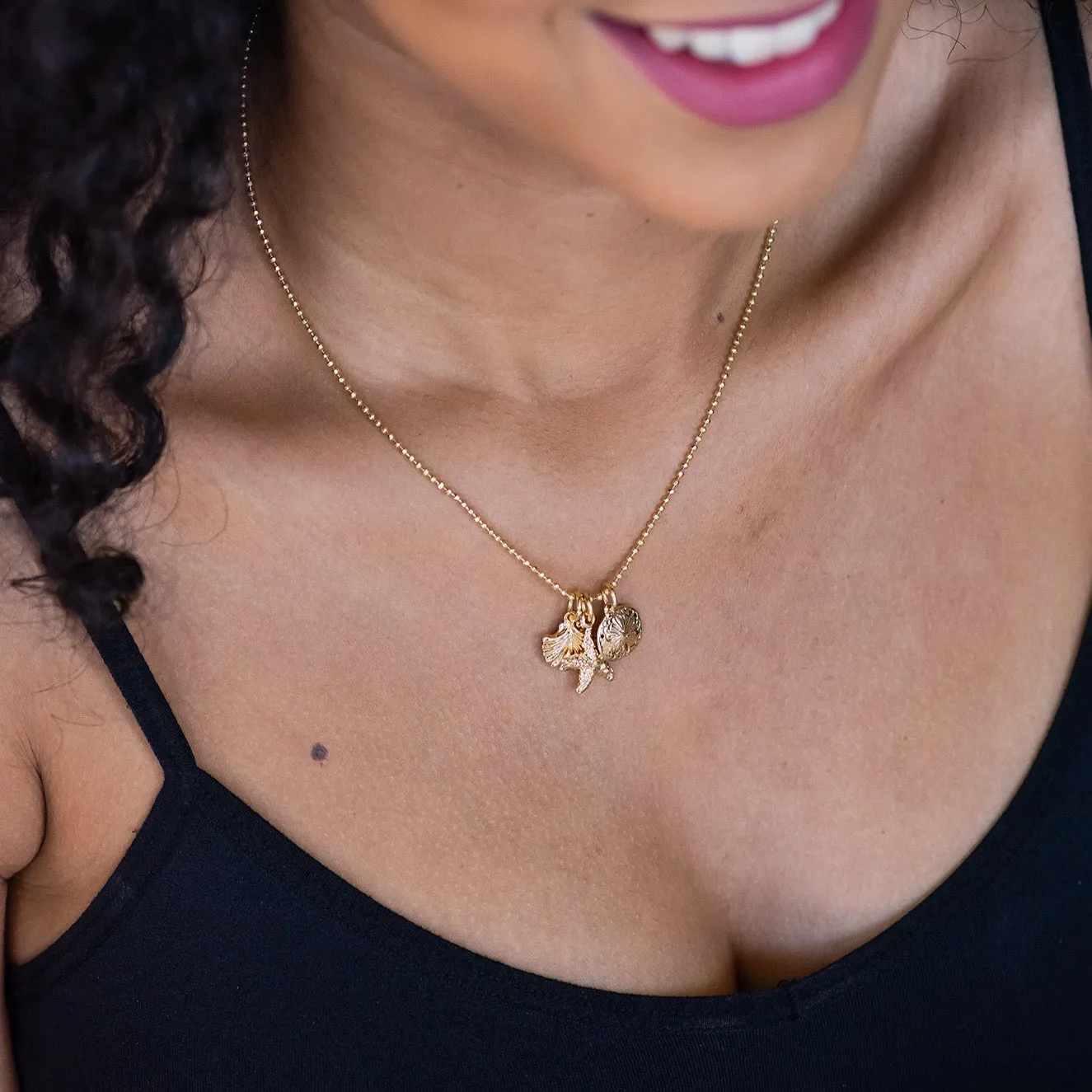 Gold Beach Charms Necklace ~ Starfish, Seashell, & Sand Dollar Necklace