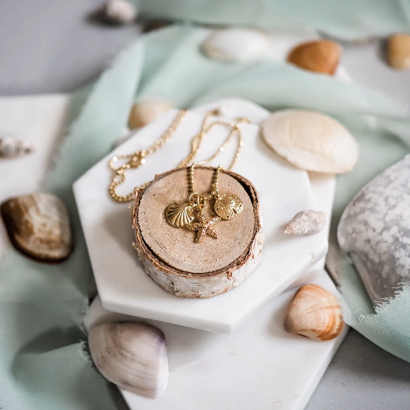 Gold Beach Charms Necklace ~ Starfish, Seashell, & Sand Dollar Necklace