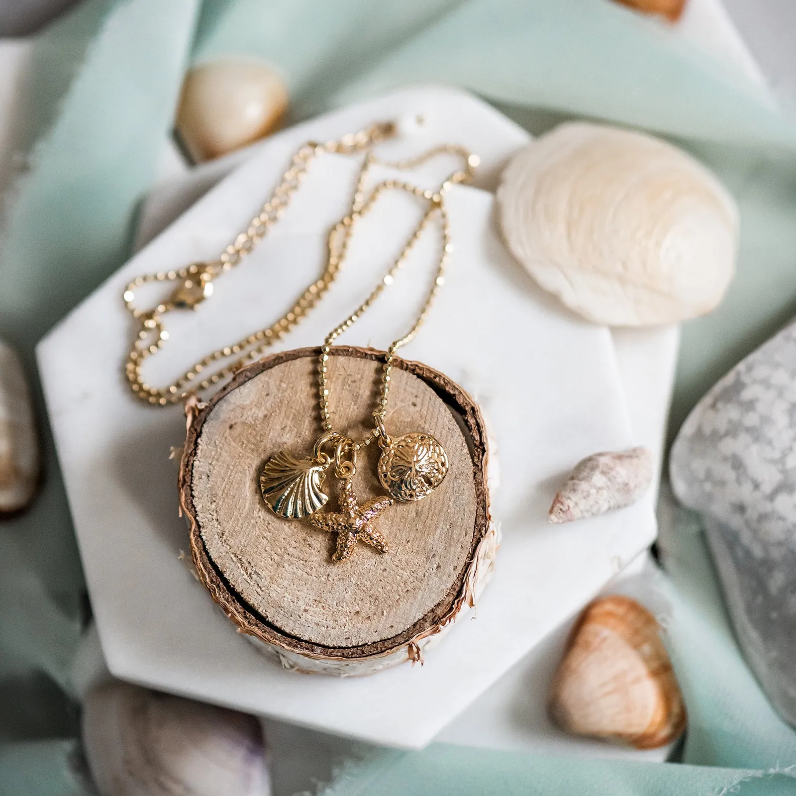 Gold Beach Charms Necklace ~ Starfish, Seashell, & Sand Dollar Necklace
