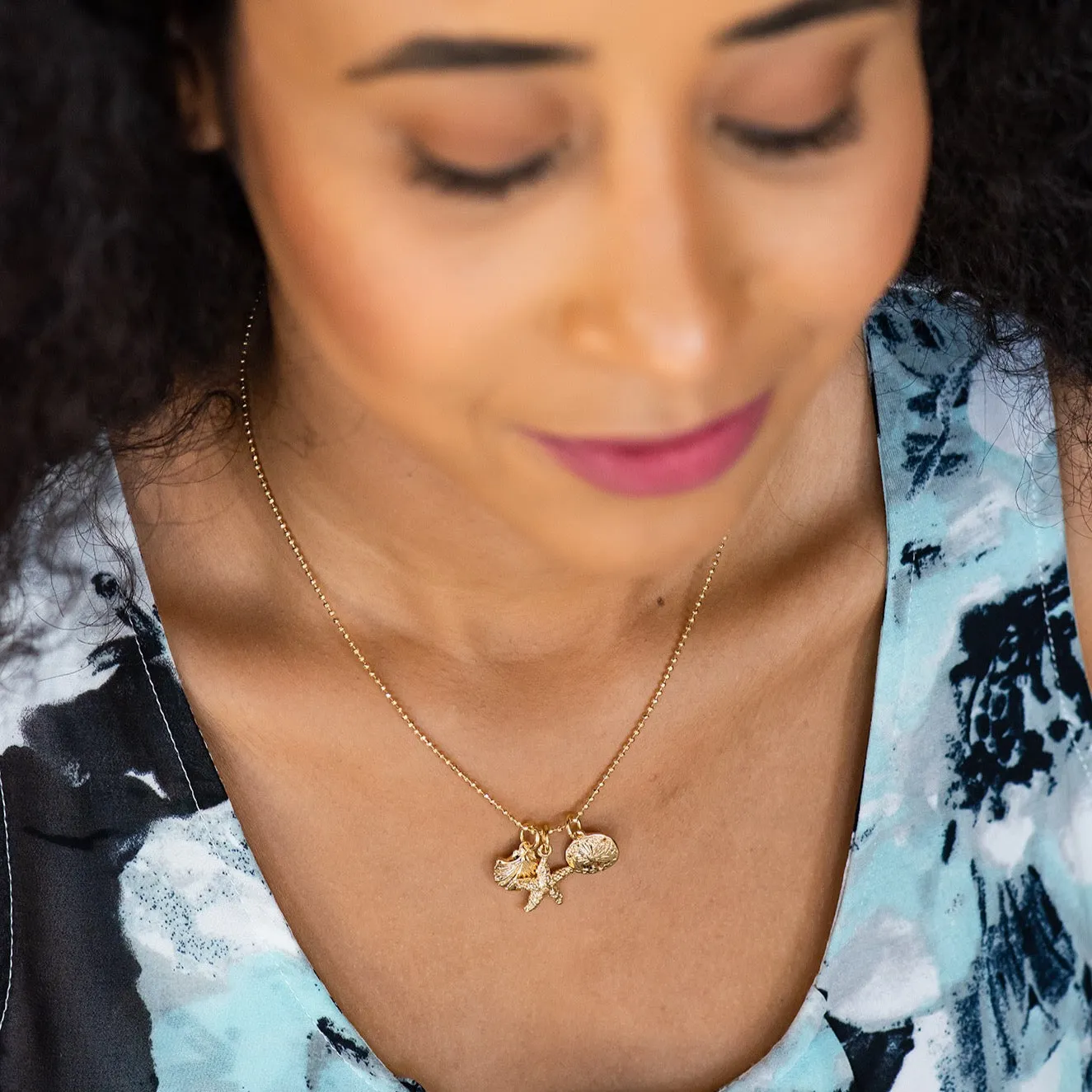 Gold Beach Charms Necklace ~ Starfish, Seashell, & Sand Dollar Necklace