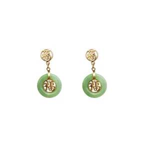 Green Jade Fortune Dangling Earrings (14K)