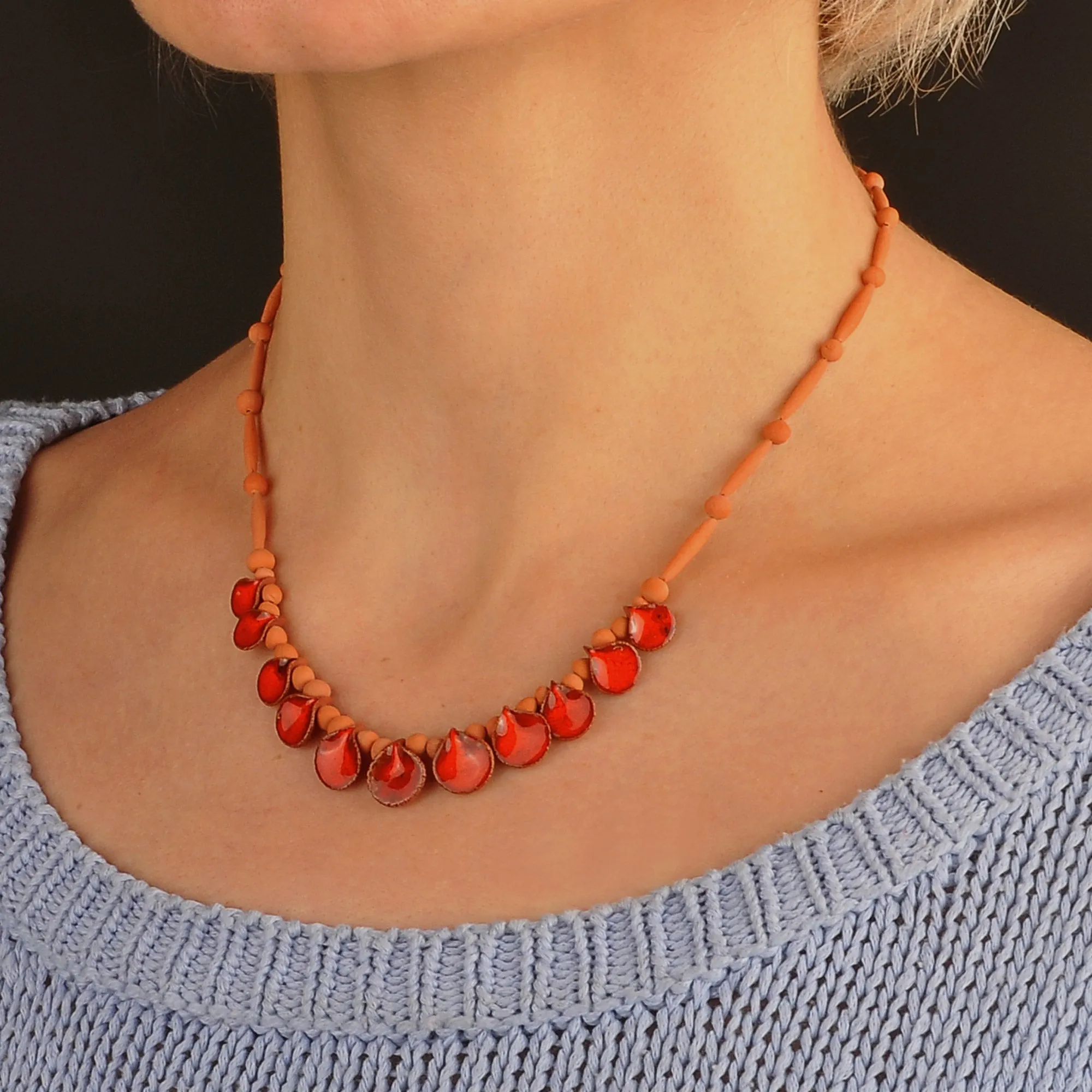 Hand-Painted Ceramic Beaded Droplet Necklace in Red & Orange - Flaming Droplets | NOVICA