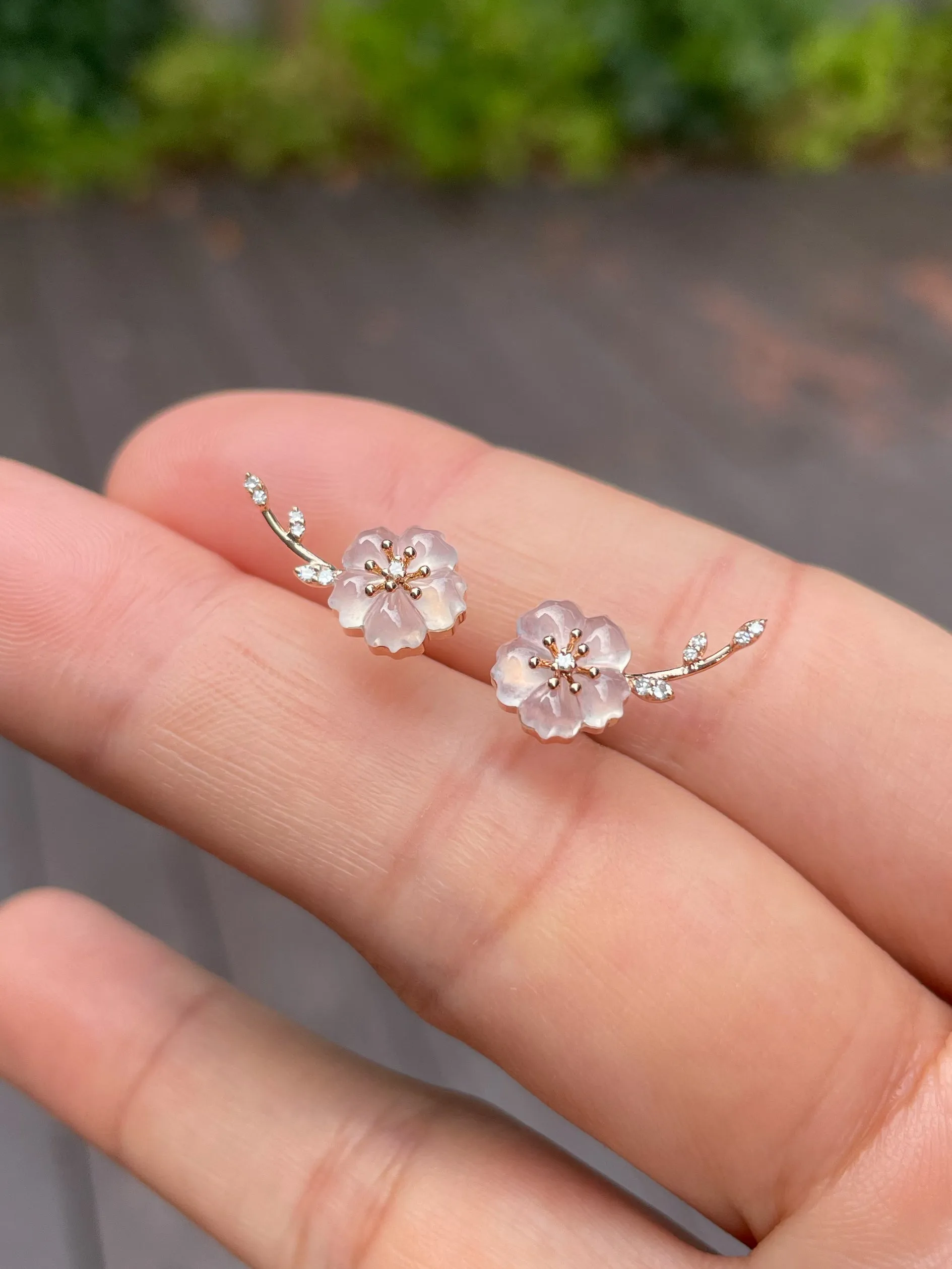 Icy Carved Jade Earrings - Plum Blossoms (NJE101)