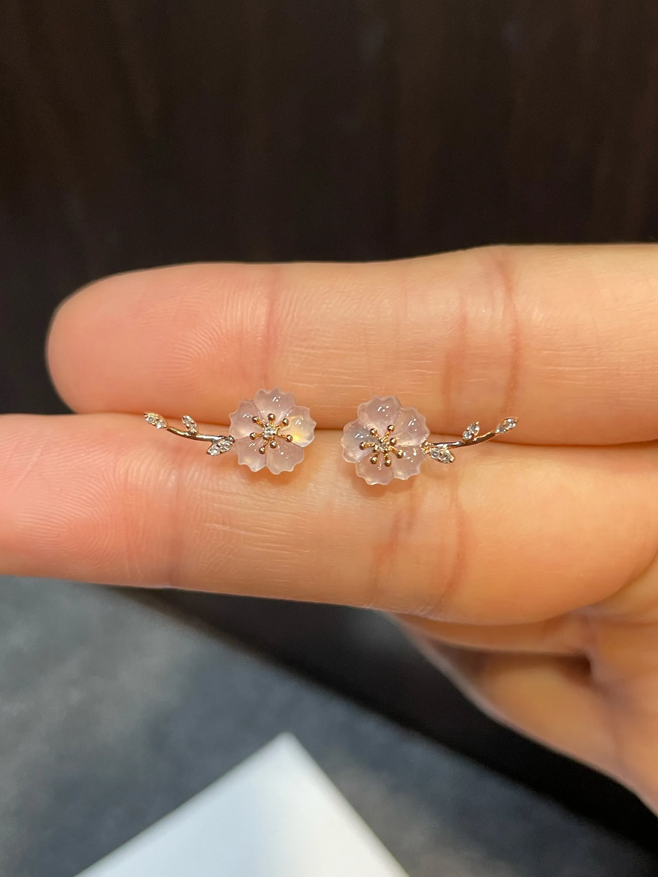 Icy Carved Jade Earrings - Plum Blossoms (NJE101)