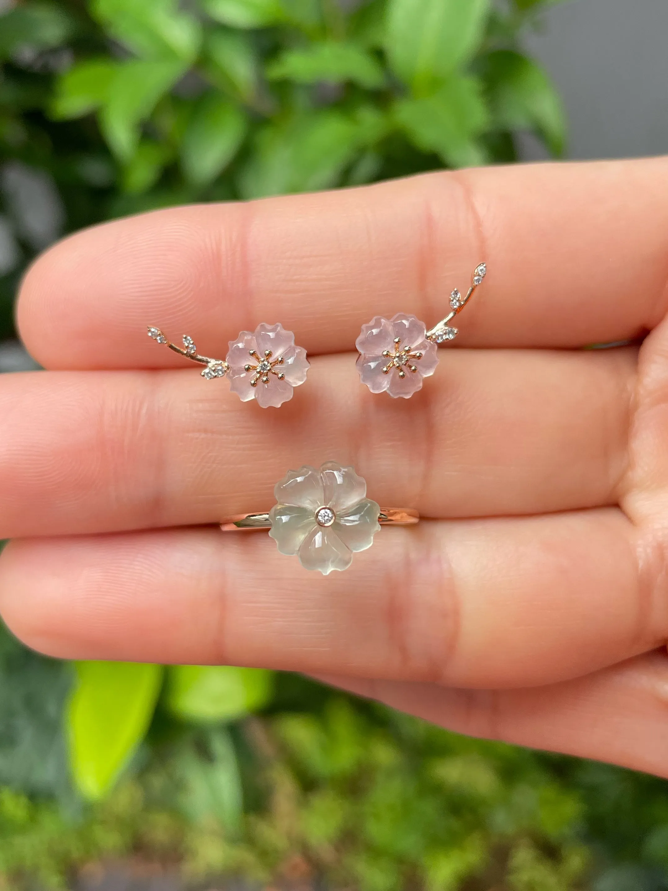 Icy Carved Jade Earrings - Plum Blossoms (NJE101)