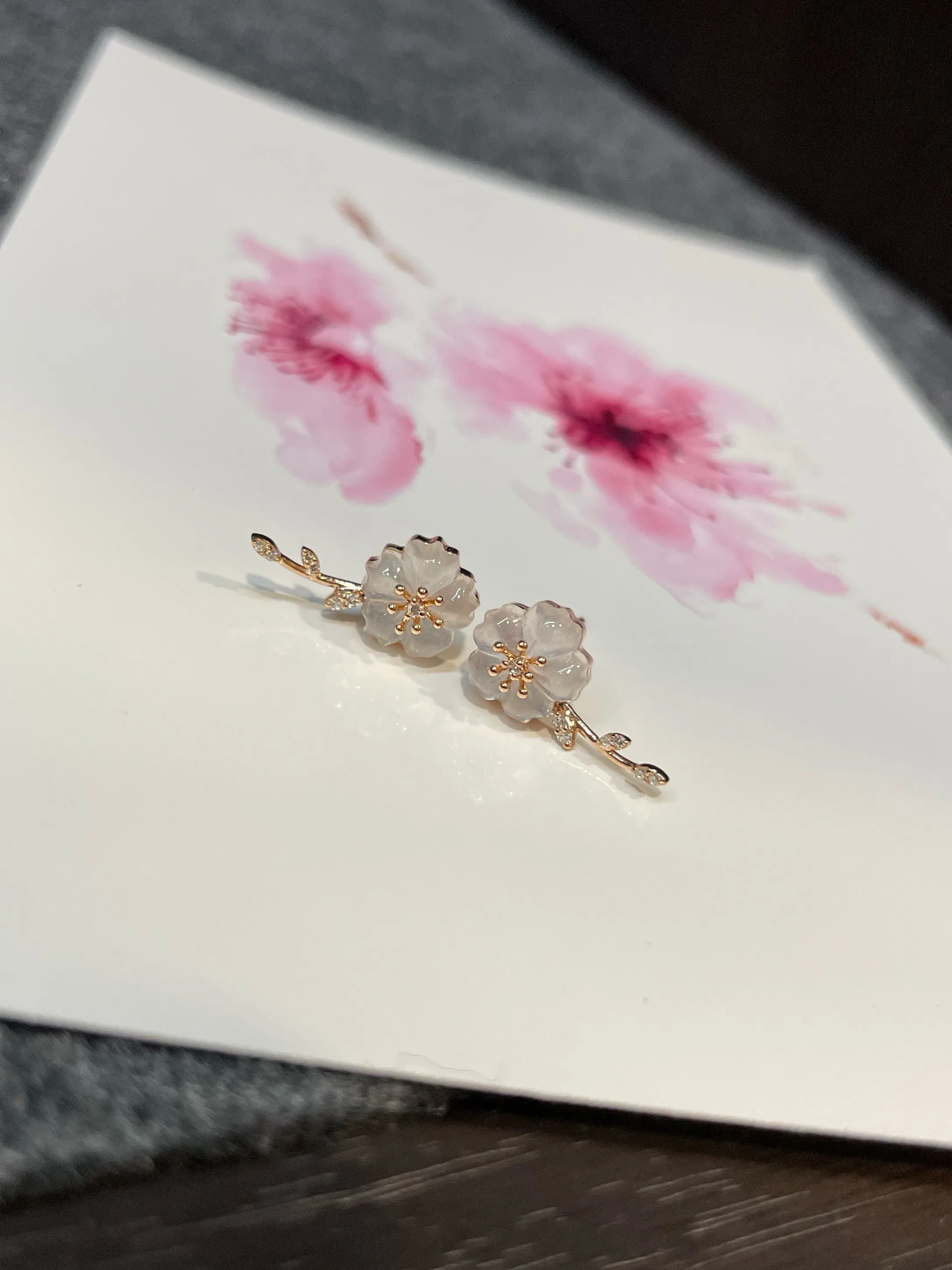 Icy Carved Jade Earrings - Plum Blossoms (NJE101)