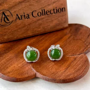 Jade Apple Earring Studs, Green Nephrite Jade Sterling Silver Earrings, JSY-0424-12164