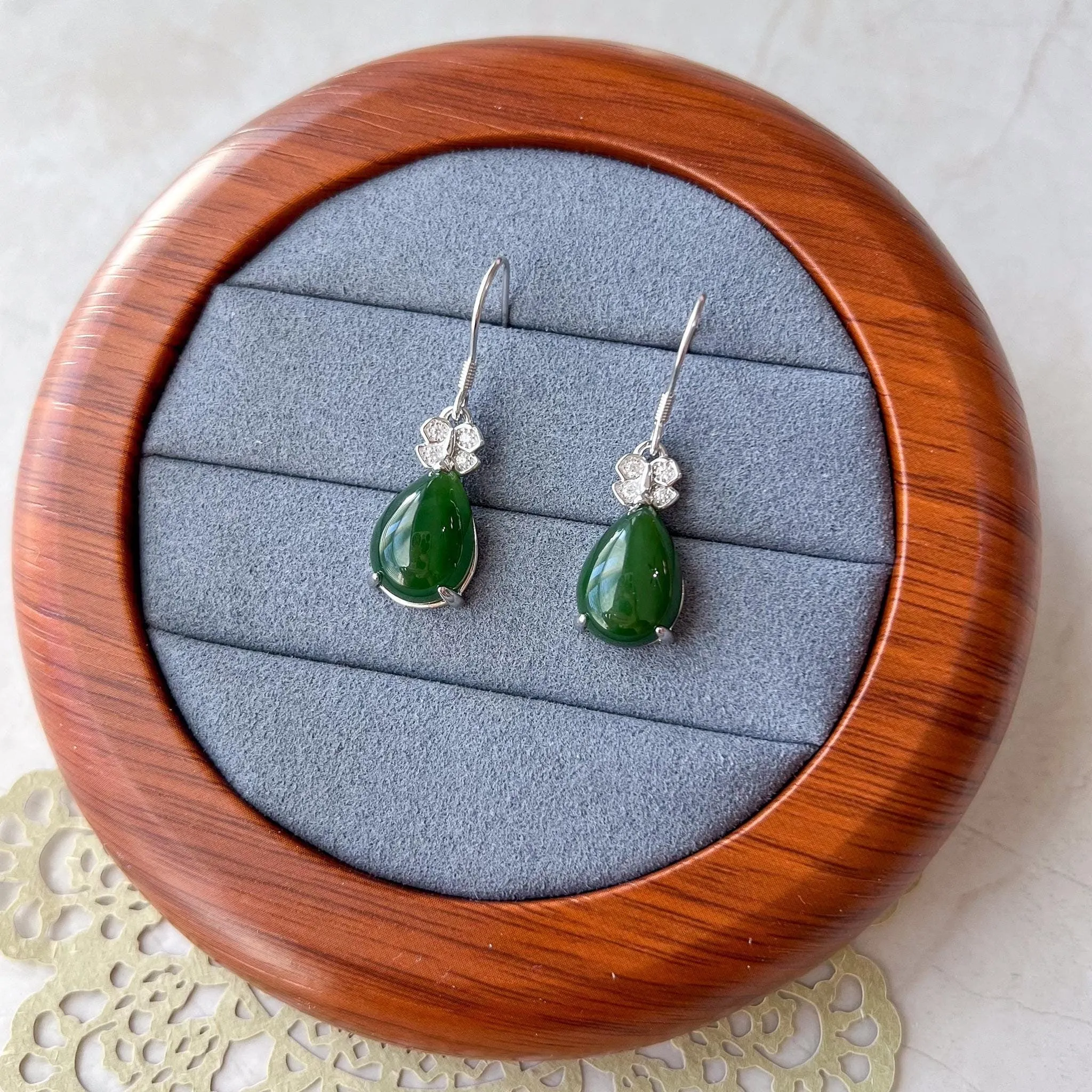 Jade Butterfly Teardrop Earrings, Green Nephrite Jade Sterling Silver Earrings, JSY-0424-12133