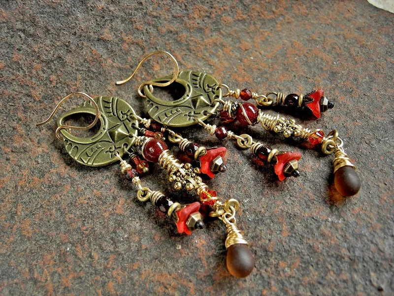 Orange Blossom Earrings, Antiqued Brass, Gemstone, Amber & Glass