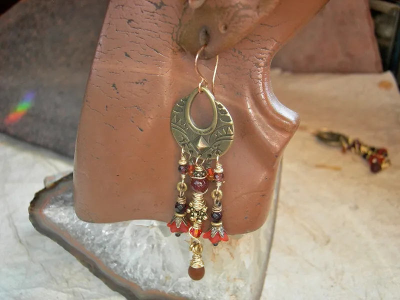 Orange Blossom Earrings, Antiqued Brass, Gemstone, Amber & Glass