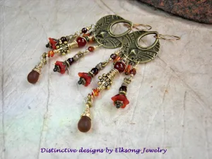 Orange Blossom Earrings, Antiqued Brass, Gemstone, Amber & Glass