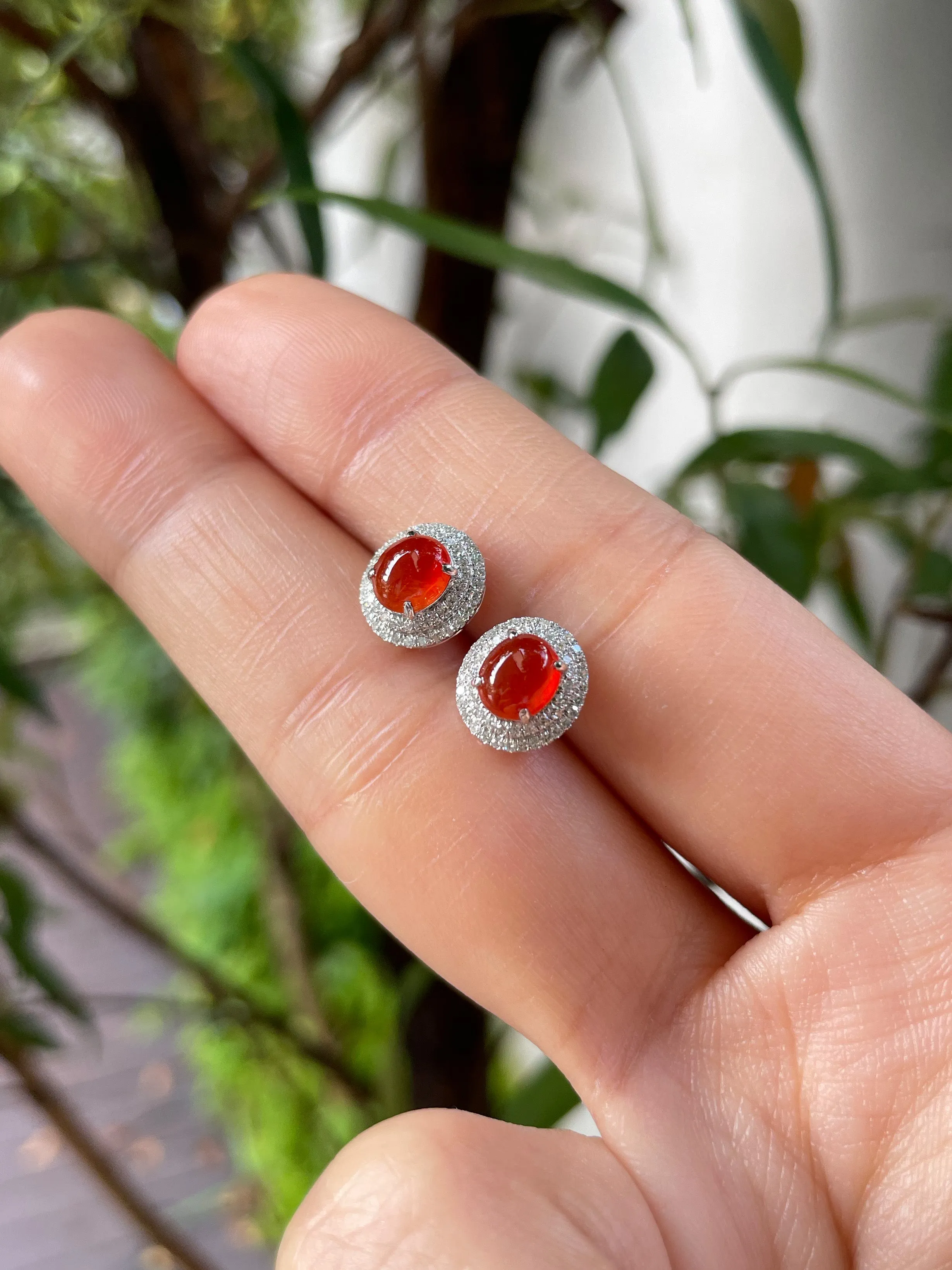 Orangy Red Jade Cabochon Earrings (NJE026)