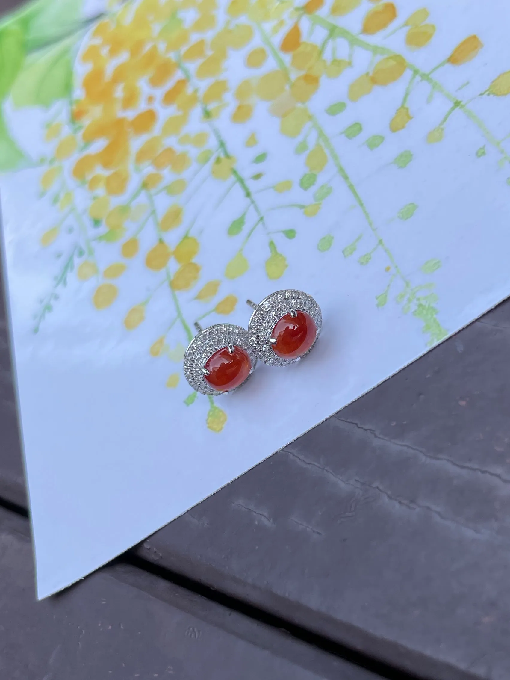Orangy Red Jade Cabochon Earrings (NJE026)