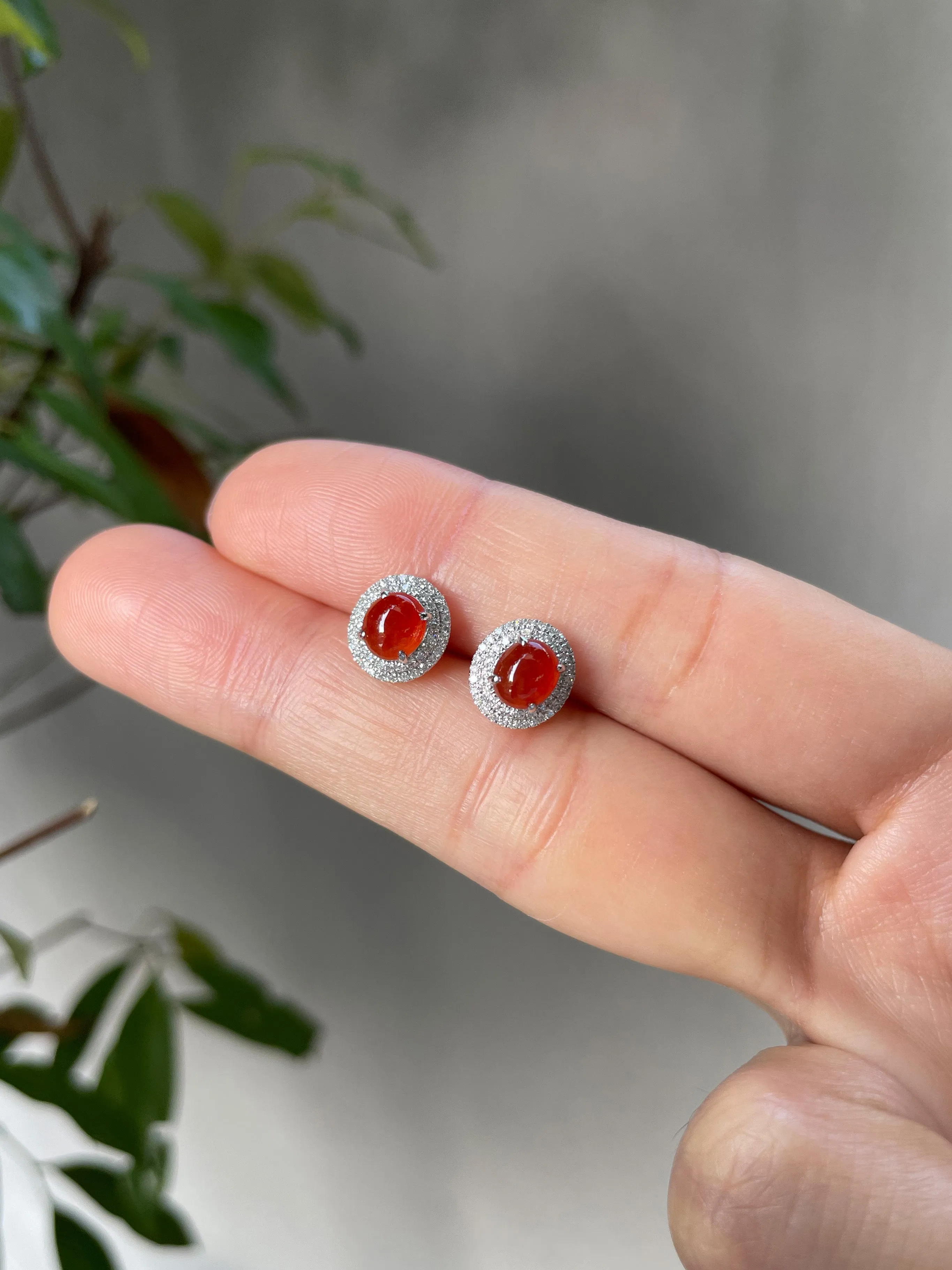 Orangy Red Jade Cabochon Earrings (NJE026)