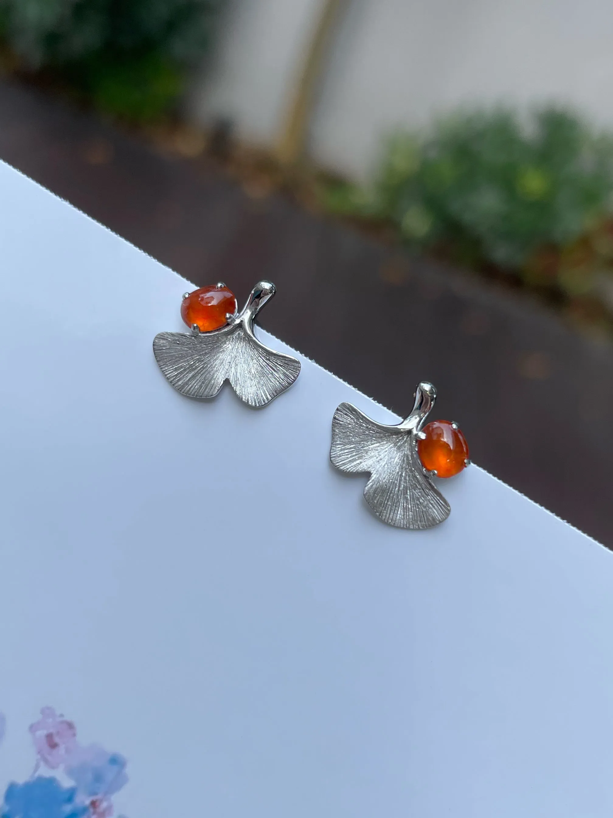 Orangy Red Jade Cabochon Earrings (NJE147)