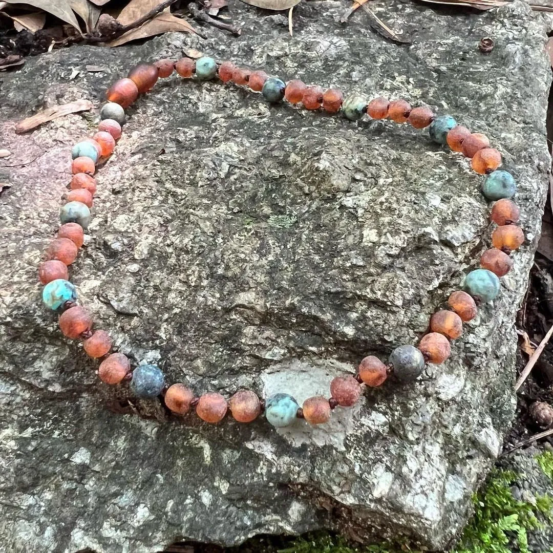 Pet | African Turquoise   Raw Cognac Amber Collar