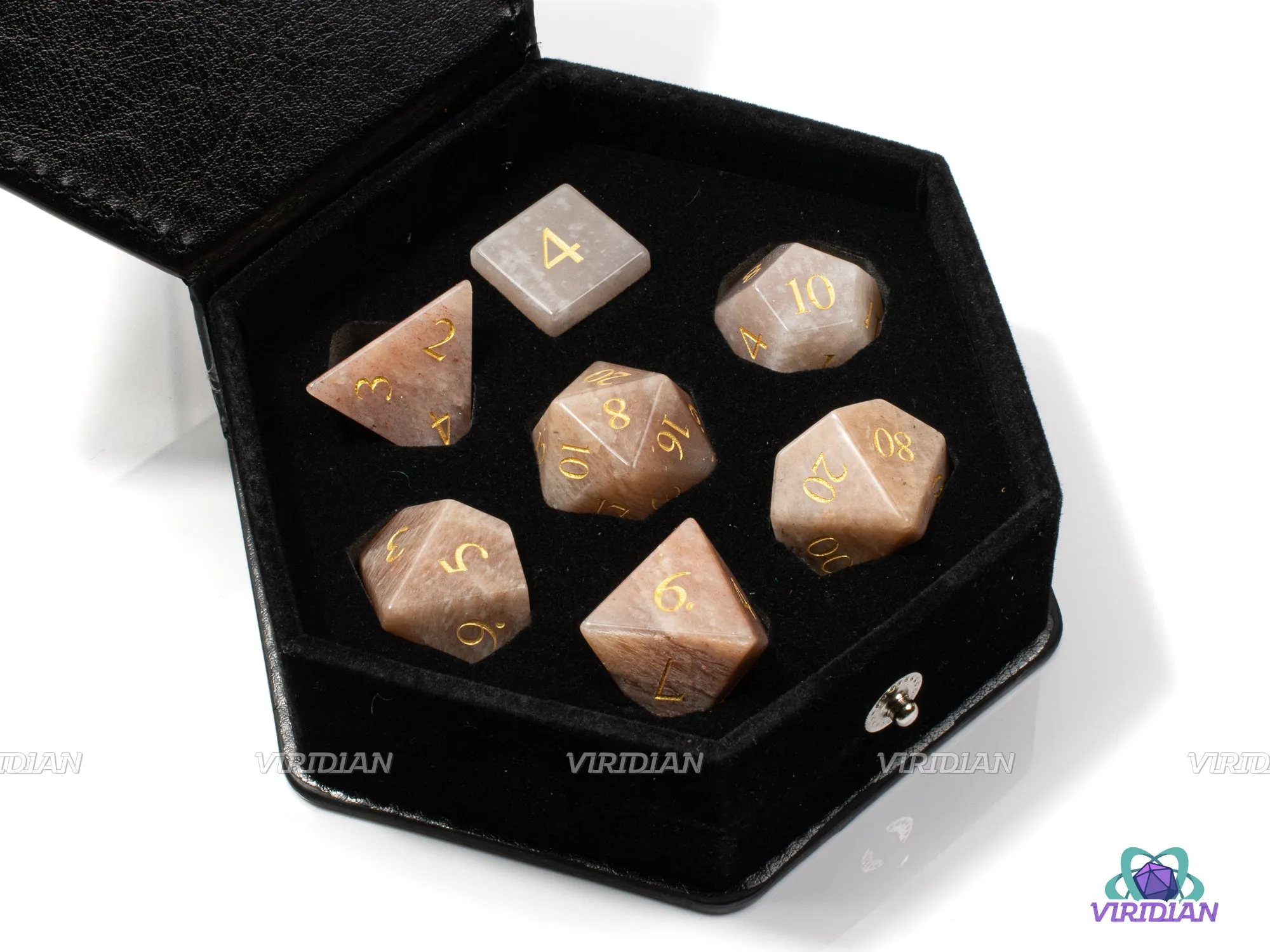 Pink Moonstone | Taupe, Mellow Whitish Pink | Real Gemstone Dice Set (7) |