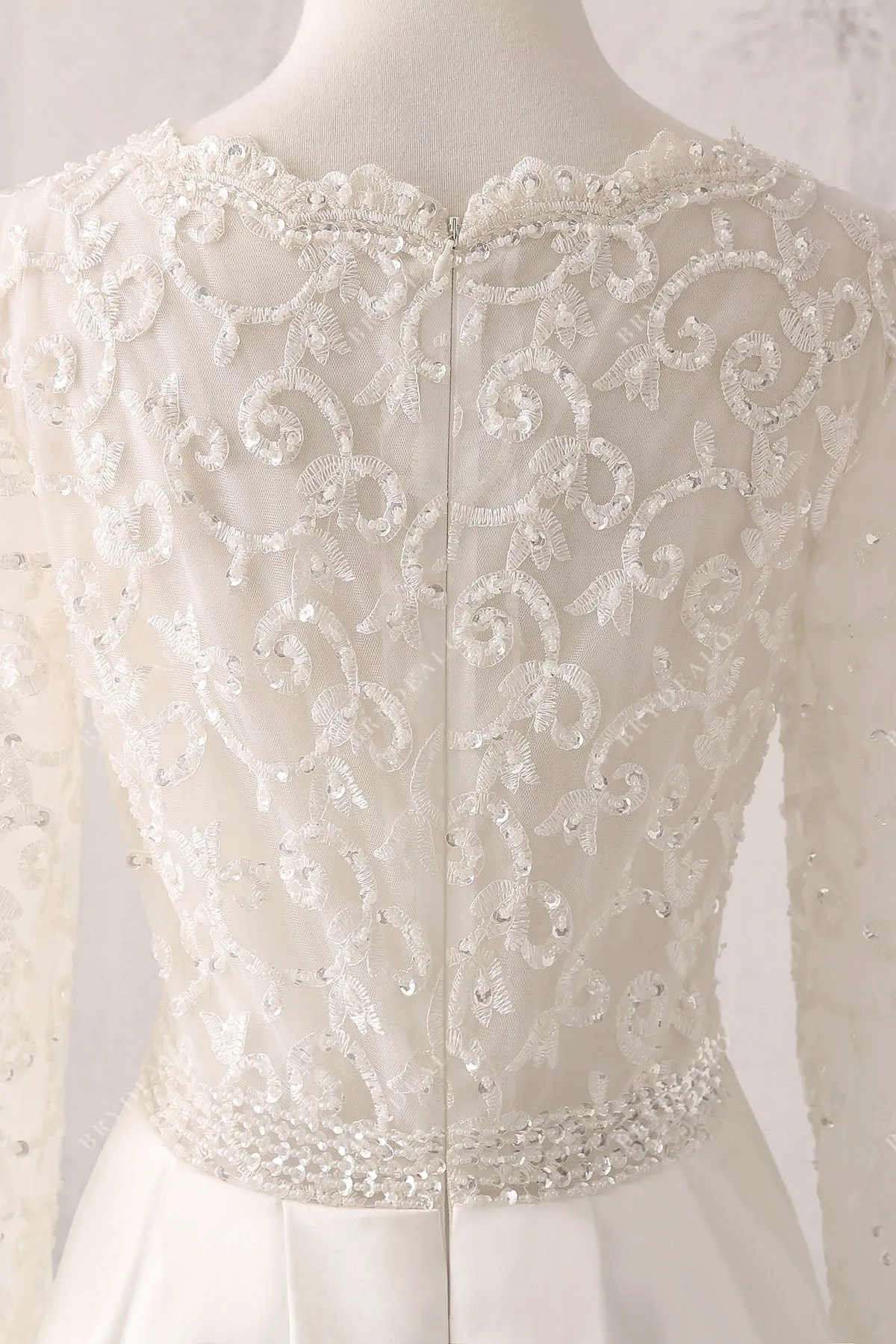 Plunging Neck Lace Satin Mermaid Overskirt Wedding Dress