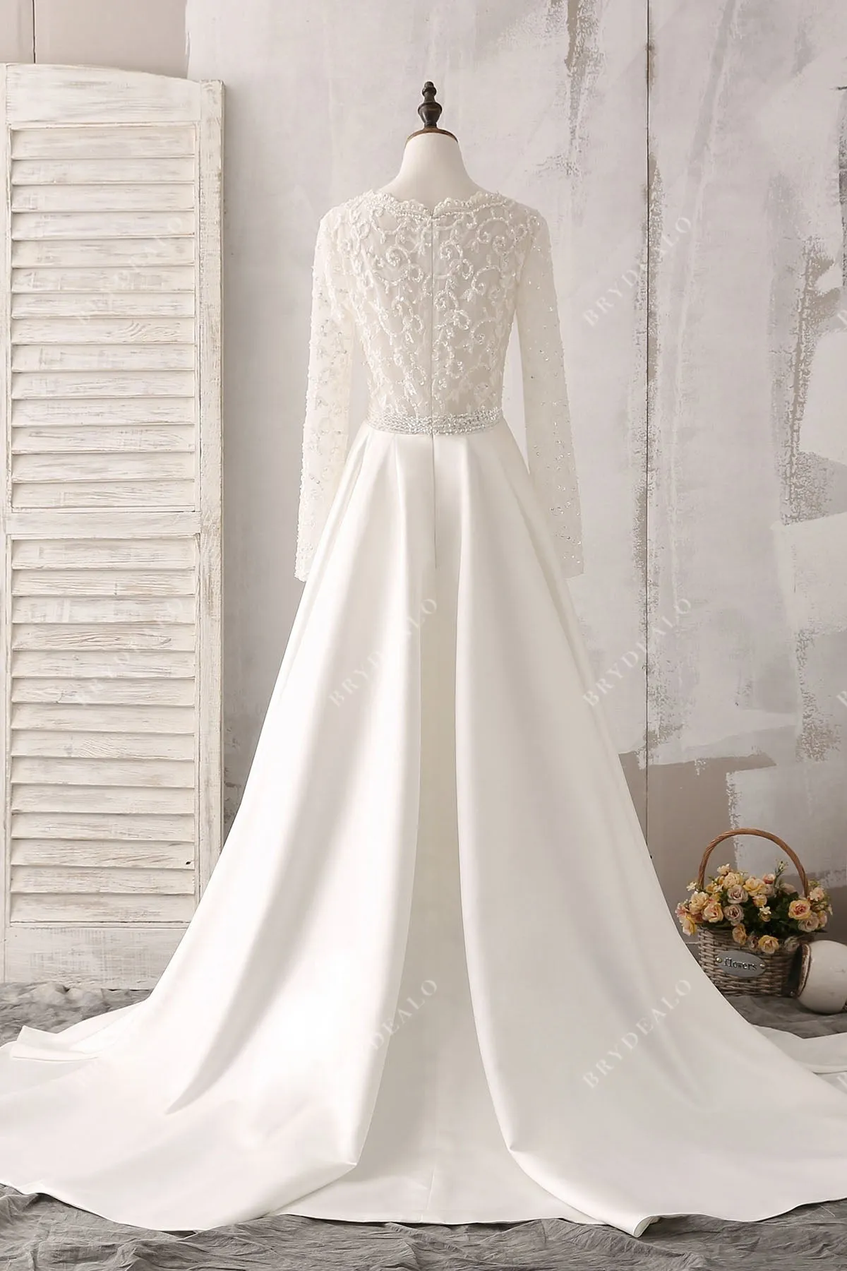 Plunging Neck Lace Satin Mermaid Overskirt Wedding Dress