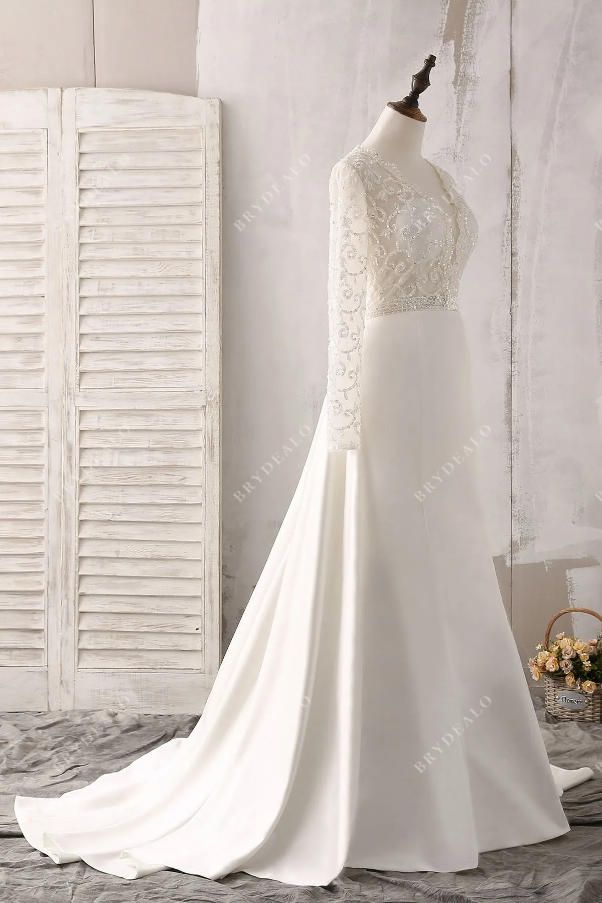 Plunging Neck Lace Satin Mermaid Overskirt Wedding Dress