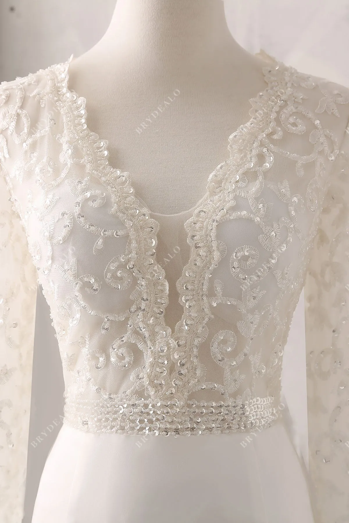 Plunging Neck Lace Satin Mermaid Overskirt Wedding Dress