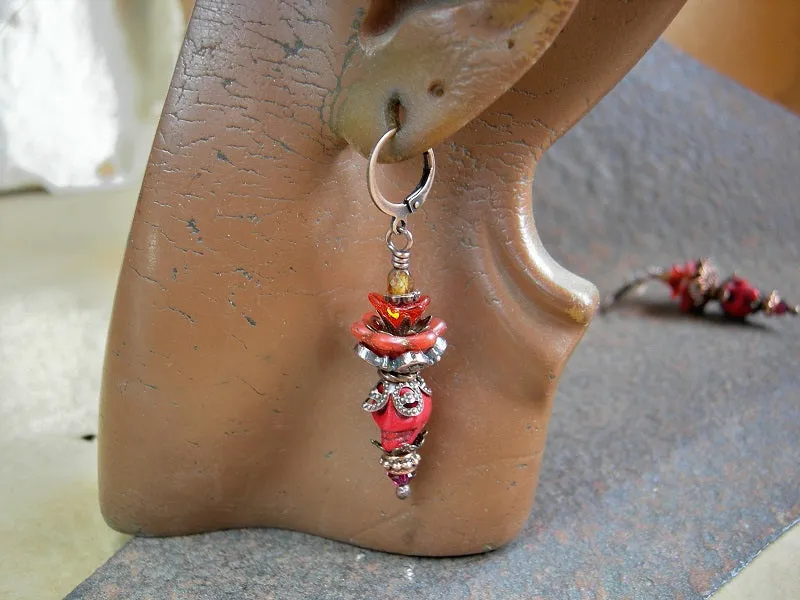 Red Sugar Skull Earrings, Fire Spirit, Orange Flower Crown
