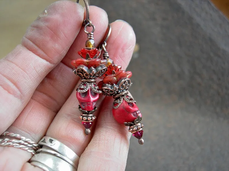 Red Sugar Skull Earrings, Fire Spirit, Orange Flower Crown