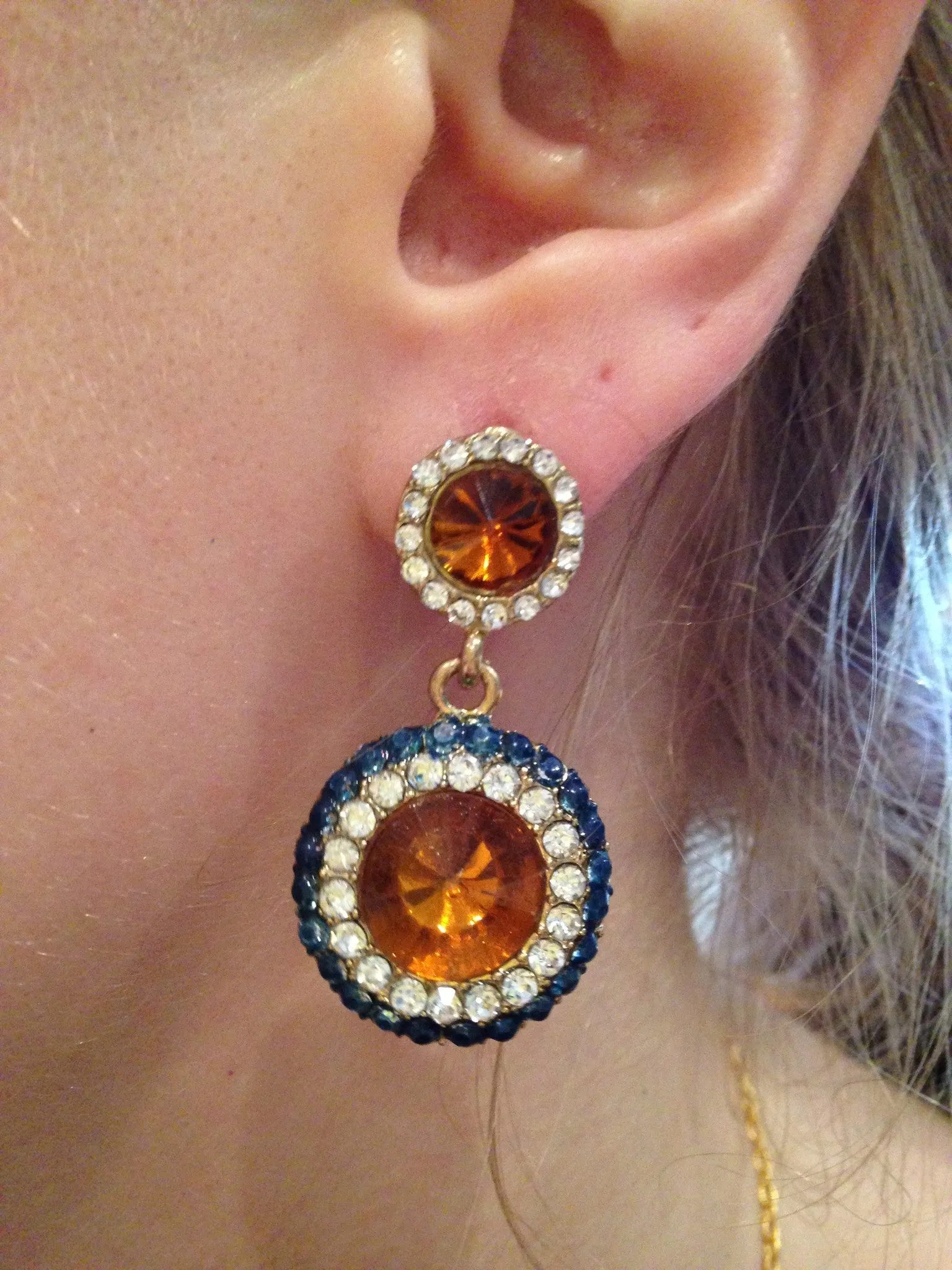Round Amber and Blue Rhinestone Chandelier Earrings