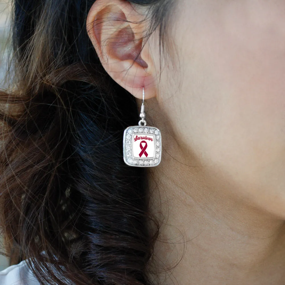 Silver Burgundy Ribbon Survivor Square Charm Dangle Earrings