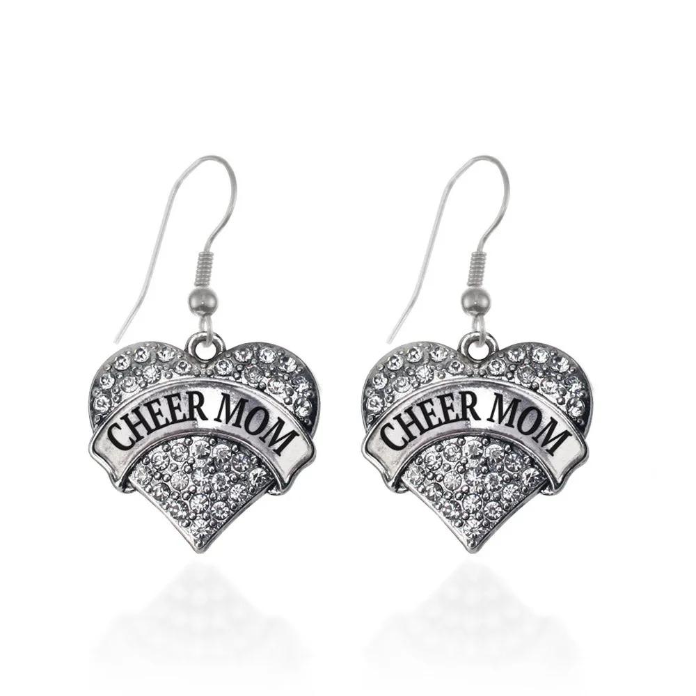 Silver Cheer Mom Pave Heart Charm Dangle Earrings
