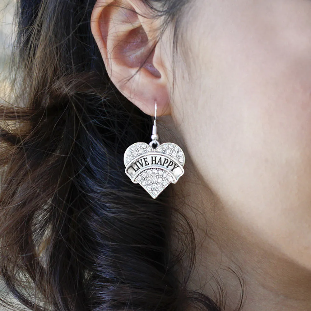 Silver Live Happy Pave Heart Charm Dangle Earrings