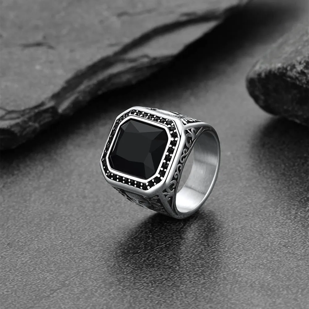 Skull Black Onyx Stone Signet Ring with Custom for Men