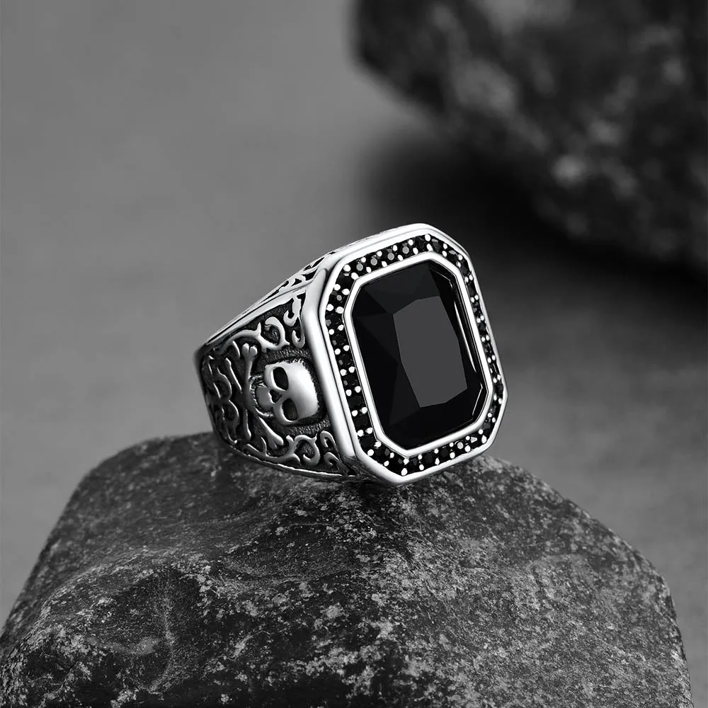 Skull Black Onyx Stone Signet Ring with Custom for Men