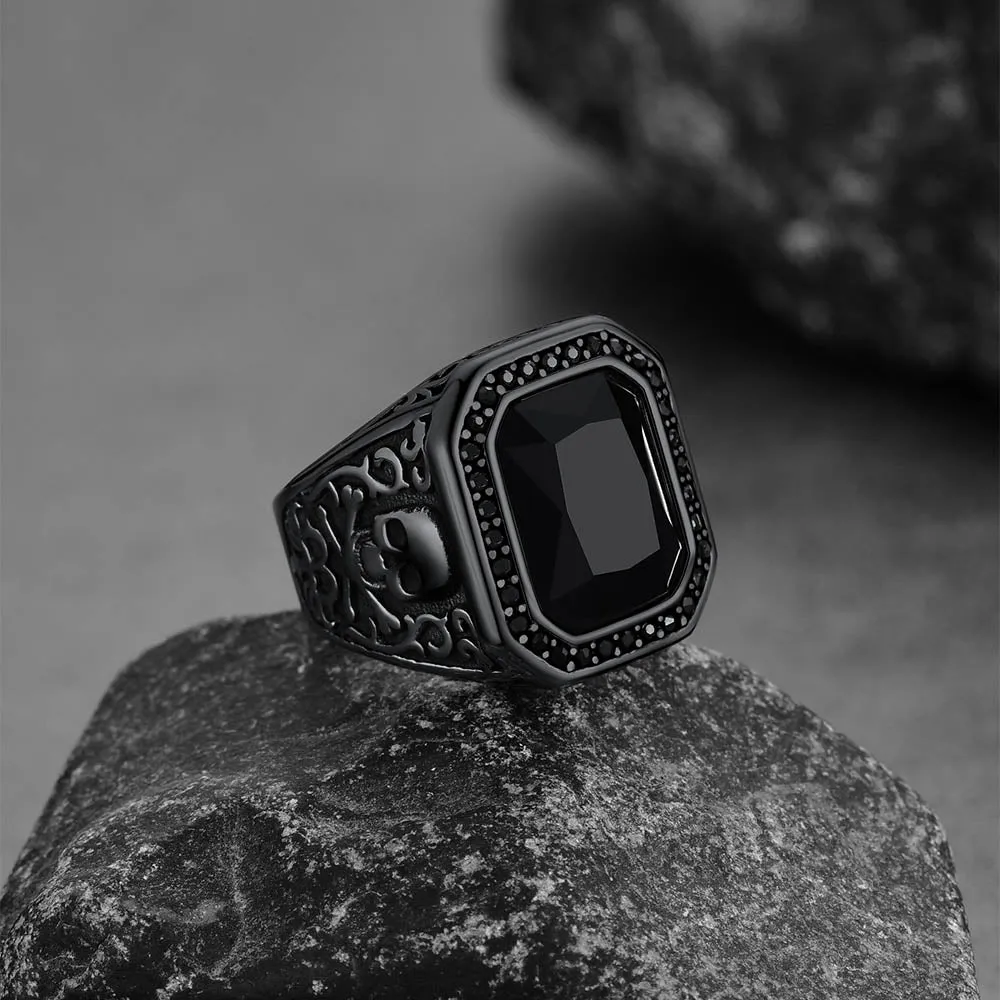Skull Black Onyx Stone Signet Ring with Custom for Men