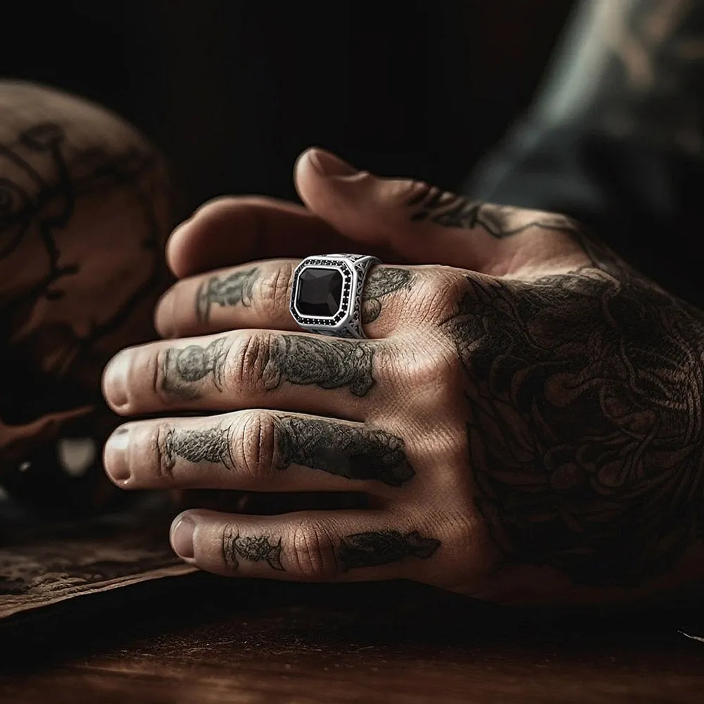 Skull Black Onyx Stone Signet Ring with Custom for Men