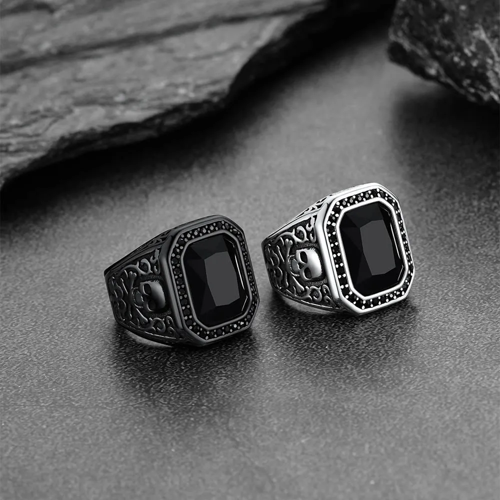 Skull Black Onyx Stone Signet Ring with Custom for Men