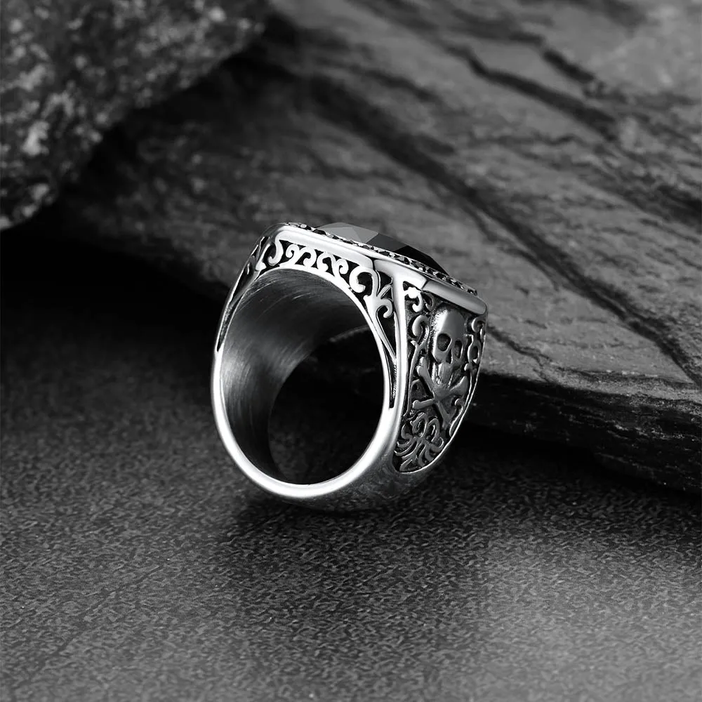 Skull Black Onyx Stone Signet Ring with Custom for Men